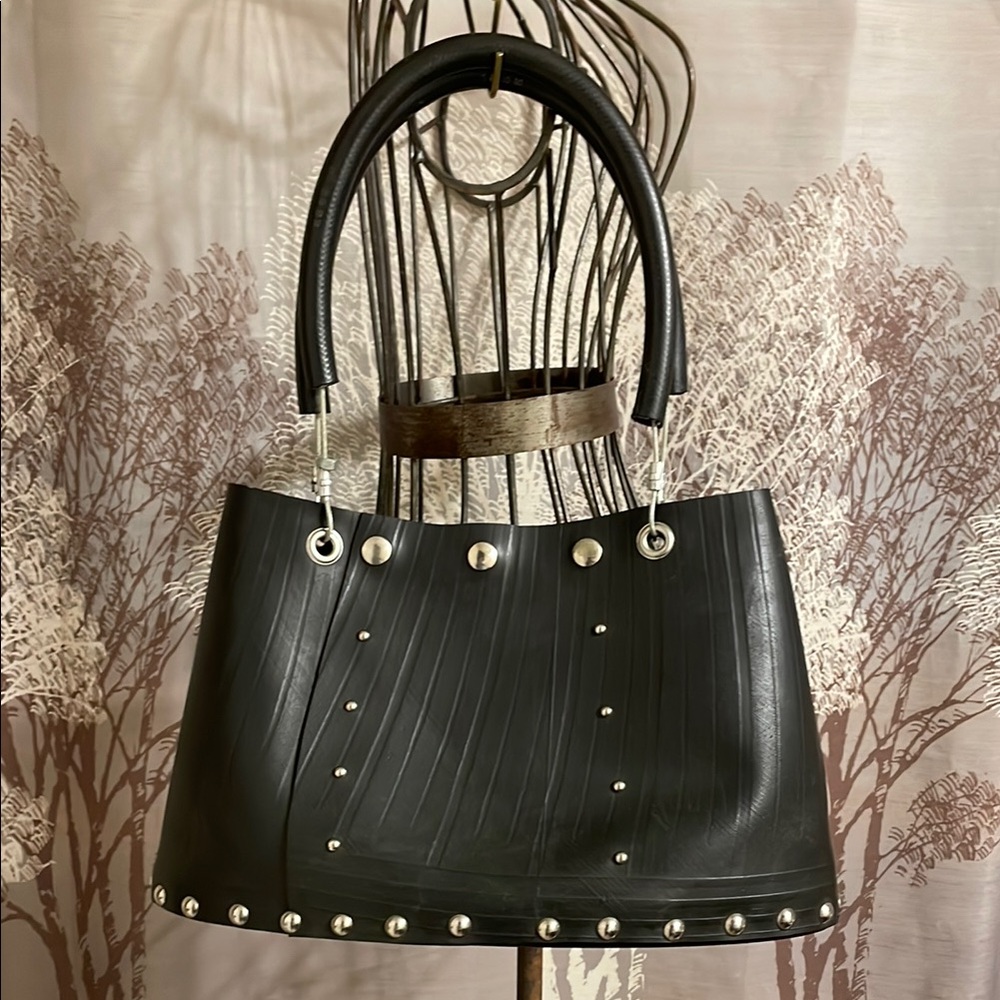 Upcycled Bicycle Tire Parts Black Studded Funky Riveted  Shoulder Sturdy Handbag